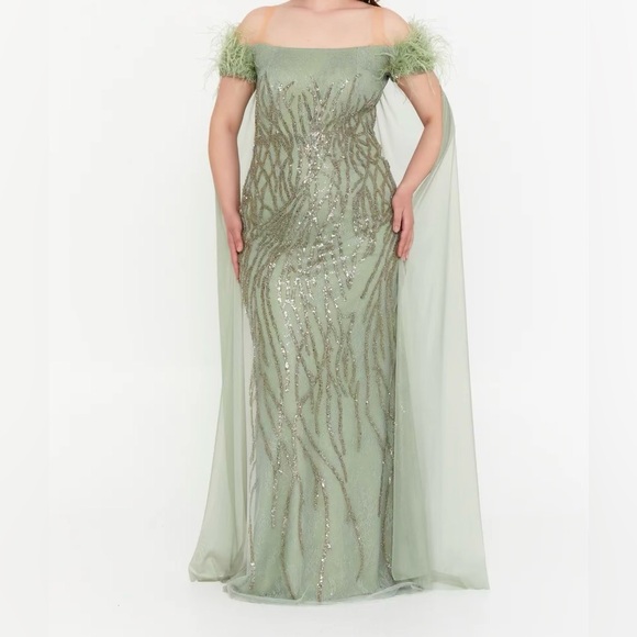 Sage Green Off-Shoulder Sequin Gown with Feather Sleeves & Flowing Cape New  Tags